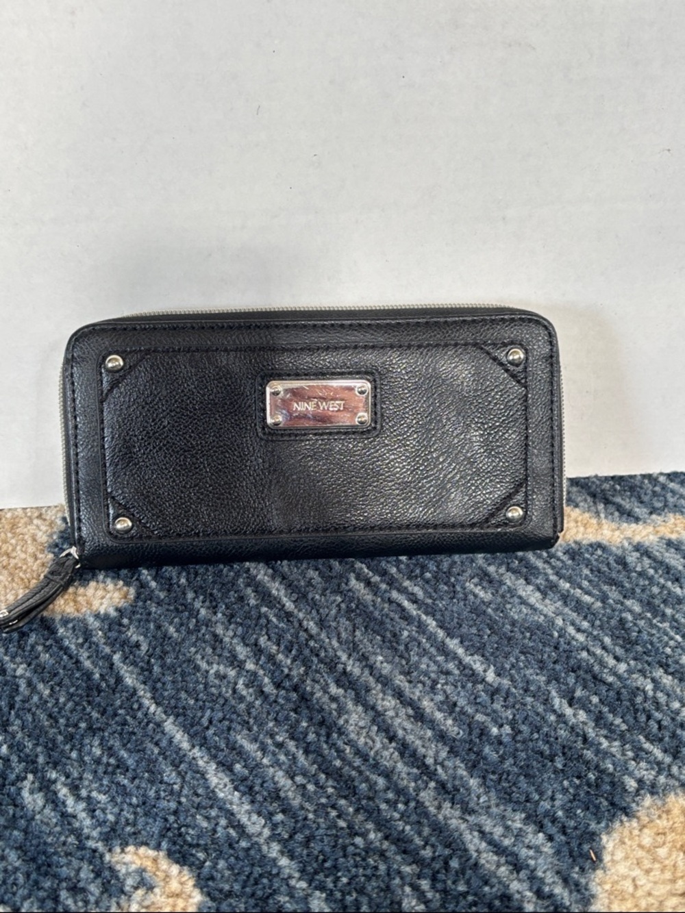 Nine West Black Textured Zip Wallet with Silver Plate